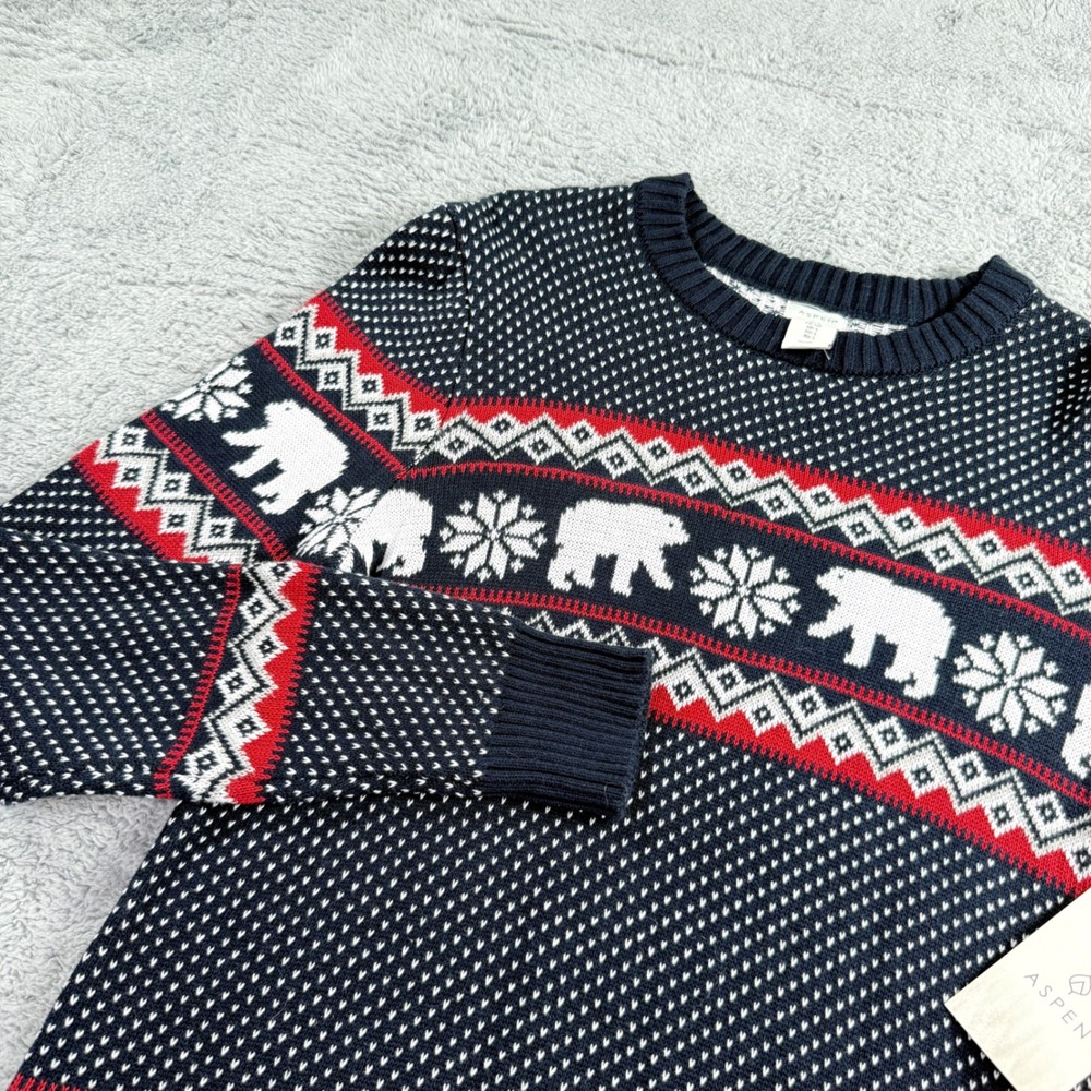 Aspen Mens Small Polar Bear Fair Isle Cotton Sweater Navy Blue Red White NWT